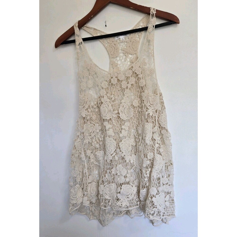 Roommates Tanktop Womens‎ Beige Sheer Crochet Open Knit Boho Festival Beach